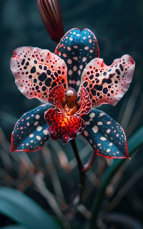 Polymer Clay Orchid, Clay Orchid, Spotted Orchid, Orange Drawing, Orchid Photography, Goth Garden, Red Orchids, Glass Pot, Rare Orchids