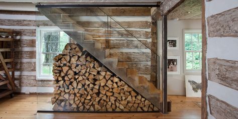 Heirloom Farm Cottage | Bushman Dreyfus Architects Attic Stair, Farm Cabin, Iron Handrails, Log Wall, Barn Interior, Barn Renovation, Cottage Renovation, Farm Cottage, Charlottesville Virginia