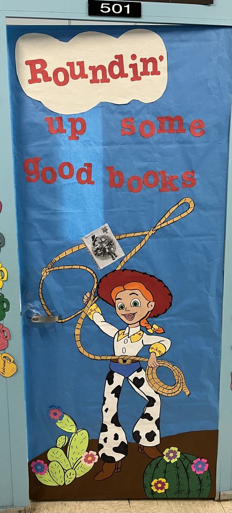 Toy Story Reading Corner, Pixar Bulletin Board Ideas, Western Theme Classroom Door, Toy Story Classroom Theme Bulletin Board, Disney Classroom Bulletin Boards, Toy Story Door Decorations Classroom, Toy Story School Theme, Toy Story Bulletin Board Ideas, Toy Story Door Decorations