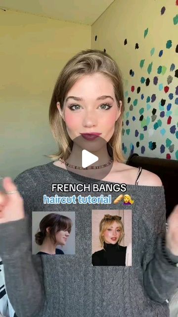 Haircare , Hairtips & Hairstyles on Instagram: "French bangs >> ❤️🥖 here is a long awaited haircut tutorial for this!! i tried to add pictures to make it easier :) straightner  and hair texture spray is Living Proof, Inc. 💙 #haircut #frenchbangs #bangs #hair #hairbangs #haircuttutorial #hairtok #shorthair #shorthairstyles #beauty #shorthairwithbangs" Bangs You Can Hide, French Style Bangs, Diy Bottleneck Bangs, French Bangs Tutorial, How To Cut French Bangs, Diy Bangs Haircut, French Bangs Short Hair, French Bangs Round Face, French Bangs Medium Hair