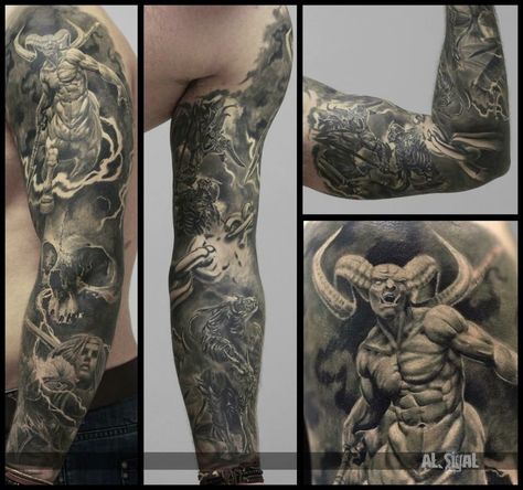 Demon tattoo Tatoos Design, Tattoo Upper Arm, Bones Tattoo, Tattoo Sites, Skull Sleeve Tattoos, Skull Sleeve, Evil Tattoos, Bone Tattoos, Full Arm Tattoos