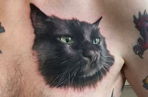 Cat Face Tattoos, Eclipse Tattoo, Collage Tattoo, Cat Portrait Tattoos, Tatoo 3d, Greek God Tattoo, Cat Tattoo Ideas, Fluffy Black Cat, Horror Tattoos