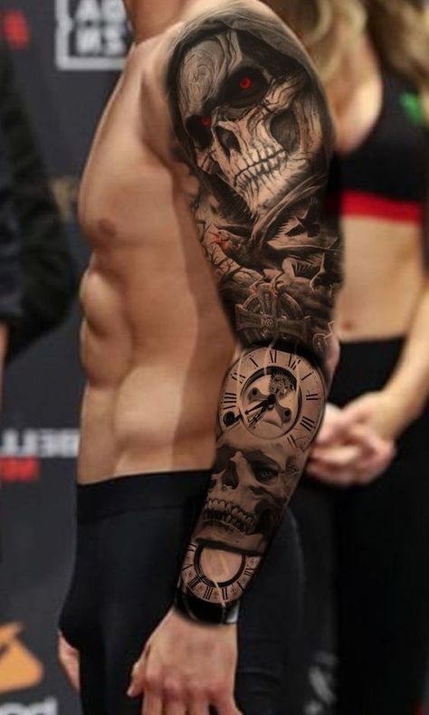 Unique Men's Full Sleeve Tattoos: 2024’s Top Designs & Styles Clock Tattoo Sleeve, Skull Tattoo Ideas, Voll Arm-tattoos, Tattoo Homme, Geometric Tattoo Sleeve Designs, Unique Half Sleeve Tattoos, Tiger Tattoo Sleeve, Full Hand Tattoo, Skull Sleeve Tattoos