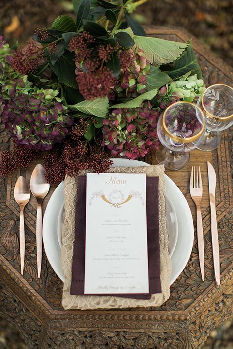 Dark Jewel Tone Table Setting, Fall Wedding Tablescapes Jewel Tones, Eggplant Table Setting, Burgundy Thanksgivibg Table, Maroon Orange Table Settinf, Irish Wedding Inspiration, Wedding Place Settings, Irish Wedding, Beautiful Table Settings