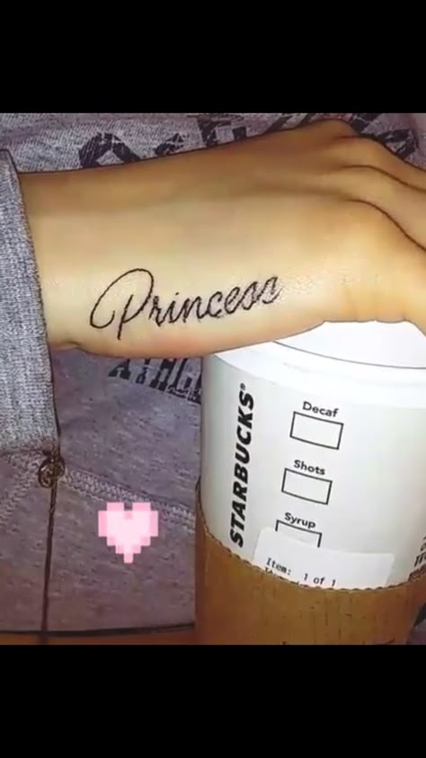 Princess Hand Tattoo 💕 Brats Tattoo, Left Hand Tattoo, Side Hand Tattoos, Prince Tattoos, Princess Tattoo, Cross Tattoo Designs, Writing Tattoos, Tasteful Tattoos, Dope Tattoos For Women