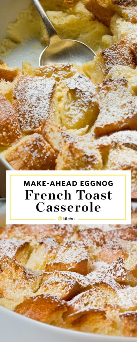 Make Ahead Eggnog French Toast Casserole Recipe. This easy overnight breakfast bake is perfect if you're looking for ideas and recipes for Christmas morning or brunch for kids. Breakfasts for a crowd are so important for holidays. Made with bread (challah or brioche are nice), butter, eggs, milk, eggnog, sugar, bourbon or vanilla extract. Breakfasts For A Crowd, Overnight Breakfast Bake, Brunch For Kids, Easy Overnight Breakfast, Eggnog French Toast Casserole, Bread Challah, Make Ahead French Toast, Breakfast Casserole With Bread, Xmas Morning