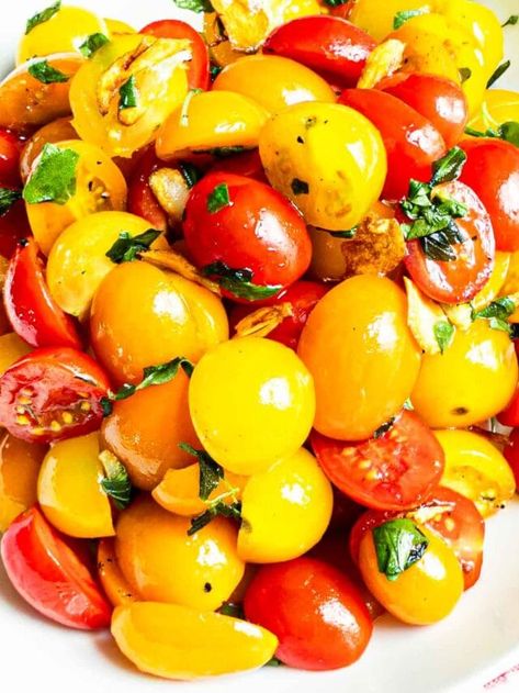 Marinated Cherry Tomato Salad Recipe - Peel with Zeal Cherry Tomatoe Salad Recipe, Salad With Balsamic Vinegar, Grape Tomato Salad, Salad With Fresh Herbs, Summer Side Dishes Recipes, Balsamic Drizzle, Tomato Salad Recipe, Cherry Tomato Salad, Cherry Tomato Recipes