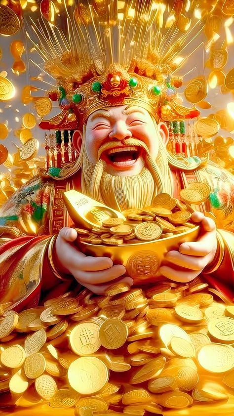 Gold Coin Wallpaper, Chinese New Year Wallpaper, Manifest Quotes, Chinese God, Wealthy Life, Lucky Wallpaper, Buddha Artwork, God Sticker, Attracting Wealth