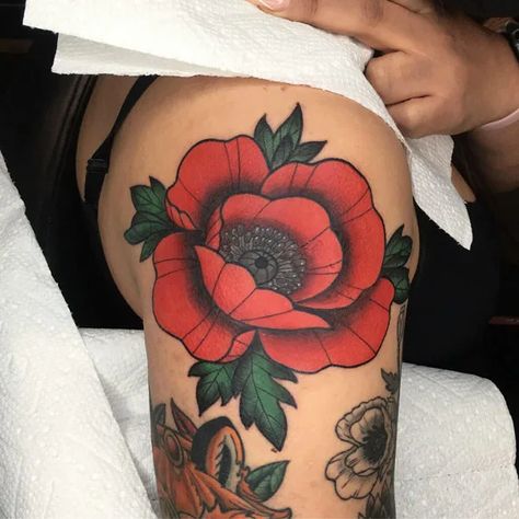 62 Stunning Poppy Flower Tattoo Ideas To Rock In 2023 Poppy Flower Tattoo Traditional, American Traditional Poppy Tattoo, Amapola Tattoo, Traditional Poppy Tattoo, Trad Flower, Red Poppy Tattoo, Hawaiian Flower Tattoos, Poppy Flower Tattoo, Small Back Tattoos