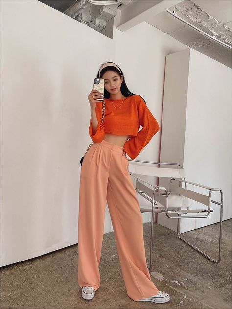 Korean Outfit Spring Outfit Ideas Summer Outfit Ideas Korean Style Women Shirt Style Korean Summer Outfits Women, Orange Outfit Ideas Summer, Korean Orange Outfit, Orange Outfit Korean Style, Orange Pants For Summer Streetwear, Peach Outfit Ideas, Korean Spring Outfits Pink, Yellow Aesthetic Outfit Korean, Streetwear Fashion Women Orange