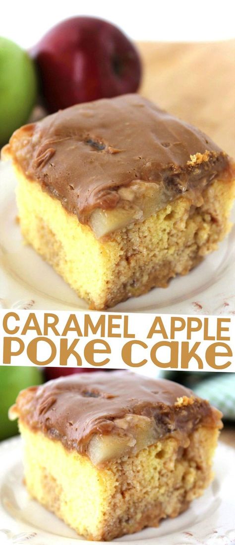 This Caramel Apple Poke Cake is a perfect autumn dessert recipe! Apple Poke Cake Recipe, Caramel Apple Poke Cake Recipe, Caramel Apple Poke Cake, Cake Poke, Apple Poke Cake, Caramel Apple Desserts, Fall Desserts Apple, Autumn Dessert, Autumn Baking