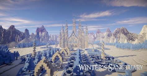 The winter's Sanctuary Minecraft Project Snow Biome Ideas Minecraft, Winter Castle Minecraft, Minecraft Ice Biome, Snow Castle Minecraft, Minecraft Snow Castle, Minecraft Sanctuary, Minecraft Ice Castle, Mega Building, Minecraft Decoration Ideas