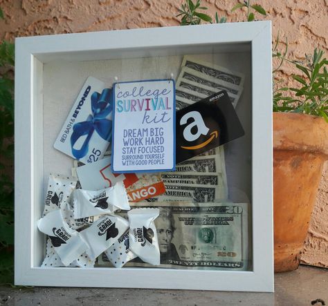 Personalized High School Grad Money and Gift Card Shadow Box. Last minute gift.  Found template  for saying on Pinterest  (of course), put some grad mints in As filler, got 20 $1 & put it in with a $20, $10 & $5 as well as $50 in gift cards.  Shadow Box was 8x8 from Michael's.  Has a burlap covered almost bulletin board back which has 2 white ball straight pins (which I used to attach saying.  I etched grad's initial in lower right & a flourish in upper left.  She can reuse shadow box. Shadow Box Graduation, Graduation Money Gifts, Graduation Scrapbook, Shadow Box Gifts, Diy Graduation Gifts, 1st Fathers Day Gifts, Graduation Crafts, Graduation Money, Creative Money Gifts