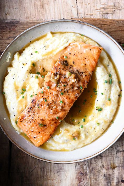 Salmon And Polenta, Salmon With Polenta, Salmon Polenta, Poached Salmon Recipes, Salmon And Polenta Recipe, Elevated Recipes, Autumnal Recipes, Easy Salmon Recipe, Low Carb Salmon