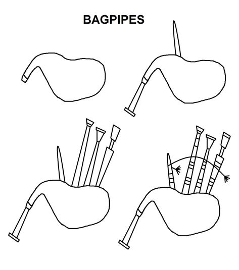 Step-by-Step tutorial for bagpipes. Bagpipes Drawing, Scotland Drawing, Robbie Burns Day, Burns Day, German Market, Draw Music, Scottish Bagpipes, Travel Doodles, Scotland Map