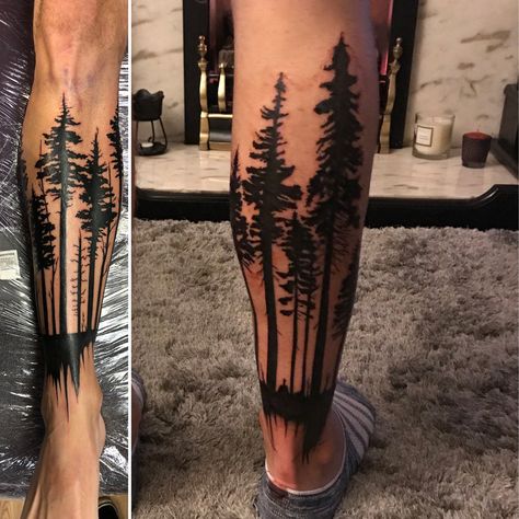 Calf Tree Tattoo Men, Lightning Leg Tattoo Men, Forest Leg Tattoo Men, Tree Shin Tattoo, Tree Tattoo Men Leg, Forest Leg Tattoo, Tree Leg Tattoo, Shin Tattoos, Tree Sleeve Tattoo