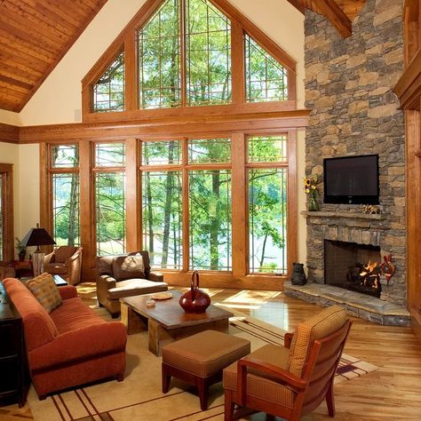 Traditional Living Room Decor Ideas, Corner Stone Fireplace, Barndominium Homes, Great Room Remodel, Cabin Layout, Eclectic Living Rooms, Traditional Living Room Decor, Fireplaces Layout, Fireplace Windows