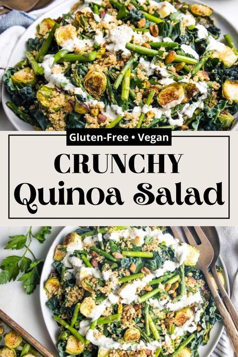 A healthy vegan salad doesn’t have to be boring! Crunchy Quinoa Salad Recipe with a variety of textures, colors and tastes for a gluten-free and vegan delicious crispy salad. Salad With Roasted Veggies, Crispy Salad, Crunchy Quinoa, Crispy Quinoa, Quinoa Salad Recipe, Healthy Vegan Dinner, Vegan Dressing, Seasonal Salad, Vegan Salad Recipes