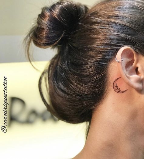 Mother Daughter Tattoos Behind Ear, Matching Tattoos Behind Ear, Behind Ear Tattoo Moon, Crescent Moon Tattoo Behind Ear, Moon Behind Ear Tattoo, Forever Symbol Tattoo, Moon Tattoo Behind Ear, Line Tattoo Ideas, Best Tattoo Ever