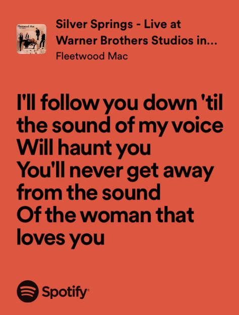 i’ll follow you down ‘till the sound of my voice
will haunt you
you’ll never get away from the sound
of the woman that loves you
(lyrics from ‘silver springs’ by fleetwood mac) Silver Springs Aesthetic, Silver Springs Fleetwood Mac Aesthetic, Fleetwood Mac Songs, Silver Springs Lyrics, Silver Springs Fleetwood Mac, Fleetwood Mac Lyrics, Fleetwood Mac Dreams, Silver Springs, Don't Like Me