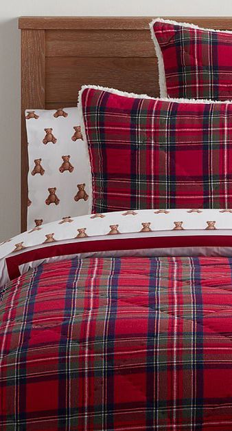 Give their sleep space a cozy update with this Classic Plaid Sherpa Back Comforter. Hand-quilted from pure cotton with ultra-soft Sherpa on the reverse side, this tartan comforter is a super snug addition to their bed. #kids #christmas Christmas Bedding Kids, Christmas Duvet Covers, Sherpa Bedding, Kids Christmas Bedding, Plaid Bedroom, Tartan Decor, Holiday Bedding, Holiday Bed, Affordable Bedding Sets