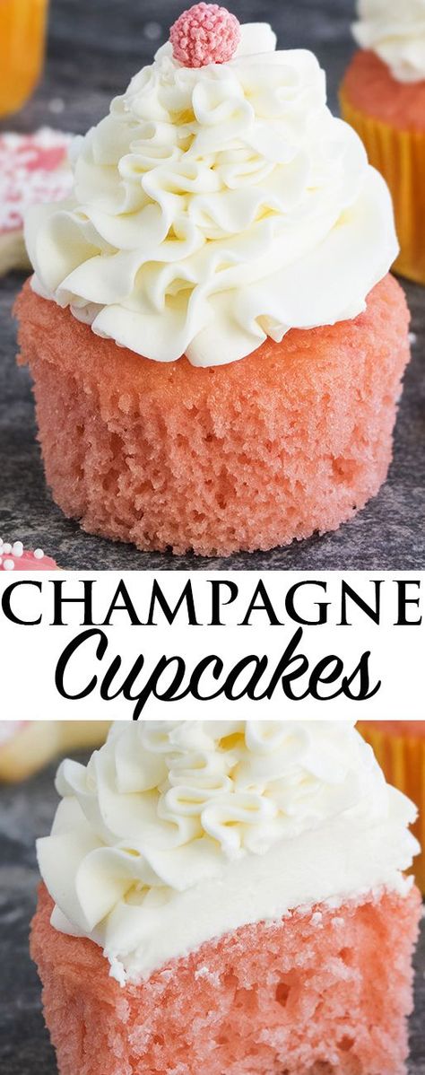 This easy pink CHAMPAGNE CUPCAKES recipe with champagne buttercream frosting is soft, moist and fluffy. These cake mix champagne cupcakes are great for New Year's parties, Valentine's Day and Mother's Day. From http://cakewhiz.com Champagne Buttercream Frosting, Champagne Cupcake Recipes, Champagne Buttercream, Pink Champagne Cupcakes, Champagne Recipe, Cake Mix Cupcakes, Champagne Cupcakes, Champagne Cake, Pane Dolce