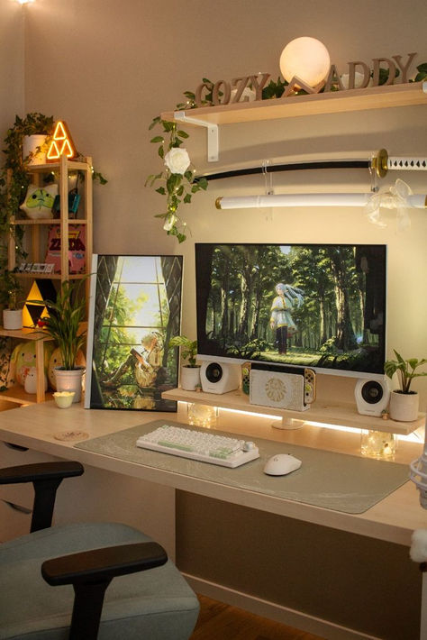 #anime #japan Desk Makeover Aesthetic, Gaming Room Setup Bedrooms, Makeover Aesthetic, Desk Setup Gaming, Cozy Gaming Setup, Cozy Gaming, Setup Gaming, Gamer Setup, Home Studio Setup