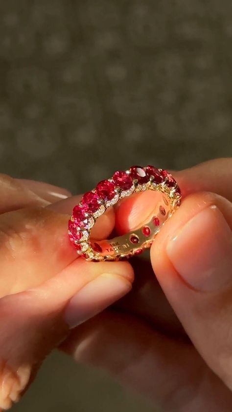 Embrace the allure of rubies! ❤️✨ Our ruby eternity band adds a touch of fiery elegance to any look. #RubyEternityBand Red Diamond Ring, Ruby Eternity Ring, Ruby Eternity Band, Ruby Wedding Band, Ruby Wedding Rings, Timeless Symbol, Dream Engagement, Dream Engagement Rings, Red Diamond