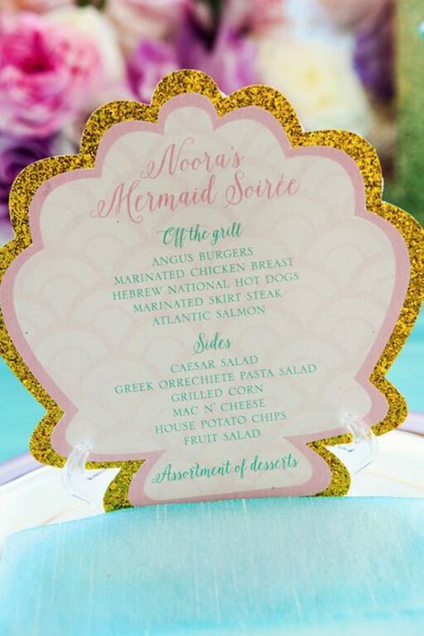 Mermaid + Under The Sea 1st Birthday Party via Kara's Party Ideas | KarasPartyIdeas.com (31) Pink Under The Sea Party, Under The Sea Pastel Party, Mermaid Dinner, Under The Sea Backdrop Pink, Under The Sea 1st Birthday, Dive Into Five Mermaid Birthday, Under The Sea Turning 3 Invitation, Glitter Centerpieces, Birthday Party Menu