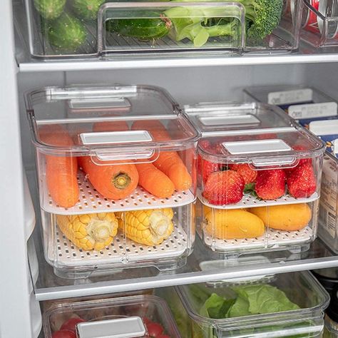 Stackable Bins: Elabo Food Storage Containers Fridge Produce Saver Produce Storage, Pantry Fridge, Freezer Organization, Best Refrigerator, Fruit And Vegetable Storage, Fridge Storage, Vegetable Storage, Refrigerator Organization, Refrigerator Storage