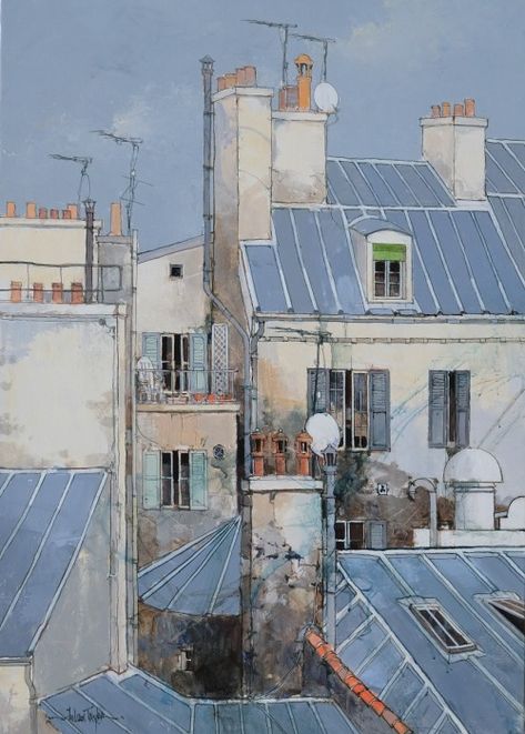 Solar Panel Roof Design, Parisian Painting, Paris Drawing, Paris Rooftops, Solar Panels Roof, Parisian Apartment, Shop Front Design, Paris Art, Paris Eiffel Tower