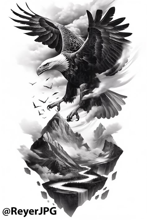 Discover this stunning eagle and mountain tattoo design, perfect for nature lovers and those seeking bold ink. The intricately detailed artwork captures the beauty of the wild, showcasing a majestic eagle soaring above dramatic landscapes. Ideal for sleeve tattoos or statement pieces, this design will inspire your next tattoo adventure. Download the high-quality JPG and bring your vision to life! #TattooDesign #EagleTattoo #NatureTattoo #TattooArt #BodyArt Eagle Mountain Tattoo, Eagle Flying Tattoo, Eagle Tattoo Men, Eagle Tattoo Ideas, Animal Stencils, Eagle Soaring, Mountain Tattoo Design, Instagram Black Theme, Flying Tattoo