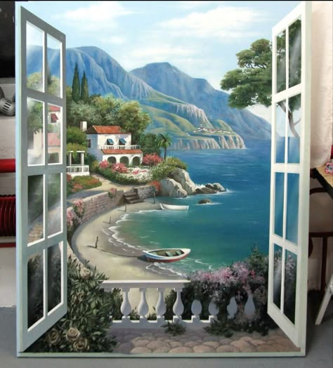 Window View Drawing, Window Landscape, Acrylic Painting Ideas For Beginners, Easy Acrylic Painting Ideas, Window Mural, Architecture Drawing Sketchbooks, Landscape Painting Tutorial, Italian Paintings, Easy Acrylic Painting