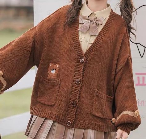 Complete your look with a cute cardigans for teens. This Kawaii Japanese Brown Bear Knitted Oversized Cardigan has a chic design that is a perfect for a cute cardigan outfits korean ideas. Cardigan Outfit Korean, Cardigan Outfit Aesthetic, Cute Cardigan Outfits, Outfit Cardigan, Bear Outfits, Brown Cardigan, Cute Cardigans, Kawaii Fashion Outfits, Brown Outfit