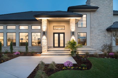 Flint Hills Modern Prairie - Andover, KS - Unique Contemporary Exterior Design by Nies Homes | Houzz Stucco House Colors, Modern Prairie Home, Porch Wall Lights, Stucco House, Small Bathroom Colors, Front Door Paint Colors, Prairie Home, Up Down Wall Light, Prairie Style Houses