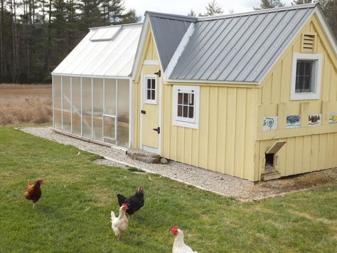 I like this green house attached to a charming coop. Most sites, though, would also need an enclosed, predator-prood pen. Chicken Yards, Chicken Shed, Duck Coop, Potting Benches, Chicken Coup, Greenhouse Shed, Coop Design, Chicken Coop Designs, Coop Plans