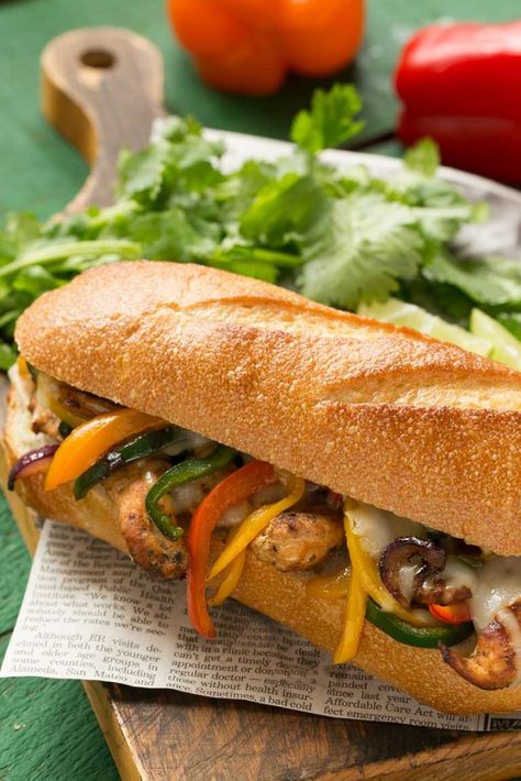 These fajita chicken cheesesteak sandwiches are full of spiced chicken, peppers and lots of cheese, all on a toasted roll. Cheesesteak Sandwiches, Chicken Cheesesteak, Chicken Peppers, Fajita Chicken, Chicken Salad Sandwich Recipe, Steak Sandwiches, Cheese All, Easy Taco Recipes, Cheese Steak Sandwich