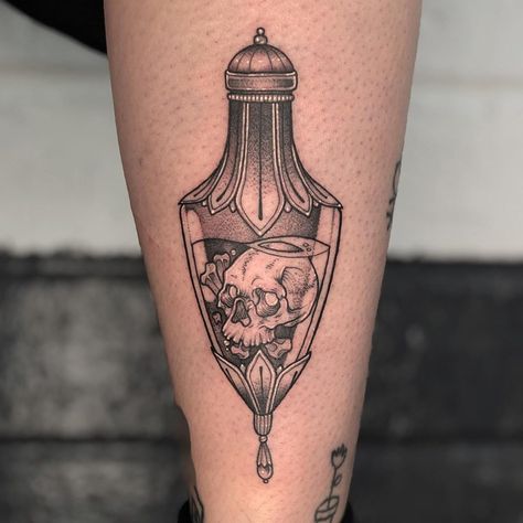 Witchy Potion Bottle Tattoo, Small Bottle Tattoo, Apothecary Bottle Tattoo, Aqua Tofana Bottle Tattoo, Specimen Jar Tattoo, Poison Vile Tattoo, Spell Bottle Tattoo, Poison Tattoo Bottle, Vintage Perfume Bottle Tattoo