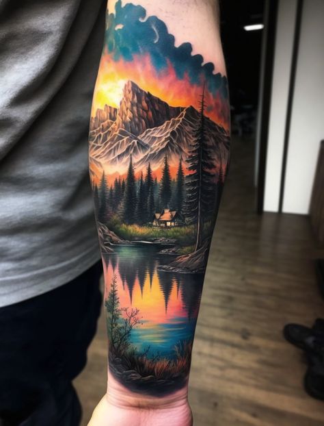 Elemental Tattoos, Scenic Tattoo, Maple Leaf Tattoos, New Tattoo Ideas, Tattoo Mountains, Waterfall Tattoo, Indian Girl Tattoos, Scenery Tattoo, Neat Tattoos