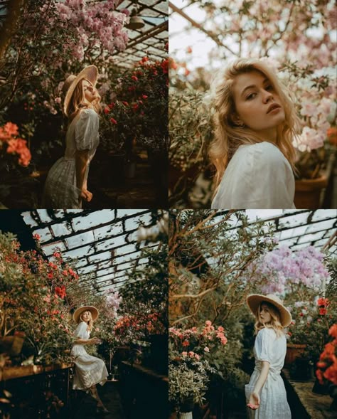 English Garden Photoshoot, Photoshoot In Garden Ideas, Botanical Garden Portrait Photography, Photoshoot In Botanical Garden, Garden Shoot Photography, Poses For Garden Shoot, Photoshoot In Greenhouse, Garden Fashion Photography, Ethereal Garden Photoshoot