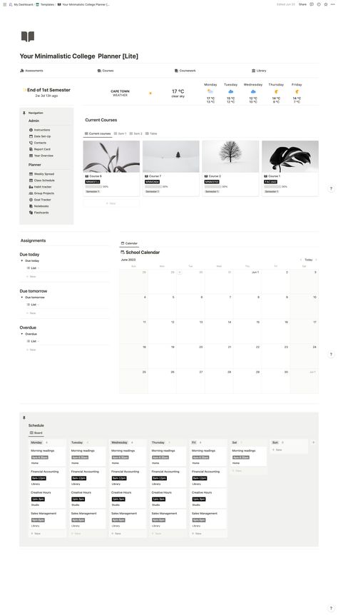 [ Lite Version ] This minimalistic college planner [Lite] is designed to help students stay organized and on top of their schoolwork. It includes sections for: - assessments - courses - coursework - library - instructions, date set-up, - contacts, - report card, - year overview, - weekly spread, - class schedule - habit tracker - group projects - goal tracker - notebooks - flashcards Notion University Template, Minimalistic Notion, Notion Minimalist, Event Organizer Planners, School Notion, Notion Study, Notion Weekly, Minimalist Notion, Planners 2024