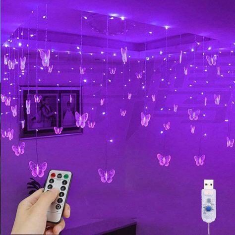 Yolight Butterfly Curtain Lights 4m 96 LED Fairy Lights 8 Modes with Remote Control, Hanging Butterfly String Lights for Room Girls Garden Ceiling Wall Party Wedding Christmas Decoration(Purple) : Amazon.co.uk: Lighting Teen Girl Aesthetic Bedroom, Purple Led Room, Light Decorations For Bedroom, Purple Butterfly Room, Light Purple Room, Fairy Curtain Lights, Purple Led Light, Butterfly Hanging Decorations, Butterfly String Lights