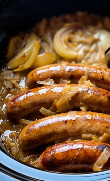 When I had a bite of this recipe, I knew I had to make it for my next party Pork Chops And Onions, Beer Brat, Slow Cooker Kitchen, Bratwurst Recipes, Slow Cooker Meal, Sausage Dinner, Sausage Dishes, Crockpot Dishes, Crock Pot Slow Cooker