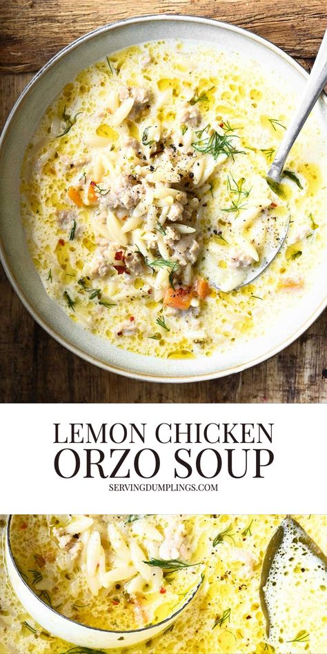 Lemon Chicken Orzo Soup - Serving Dumplings Hot Orzo Recipes, Creamy Lemon Chicken Orzo Soup, Orzo Meals, Creamy Lemon Chicken Orzo, Soup Orzo, Serving Dumplings, Spring Soup Recipes, Spring Soup, Keto Air Fryer Recipes