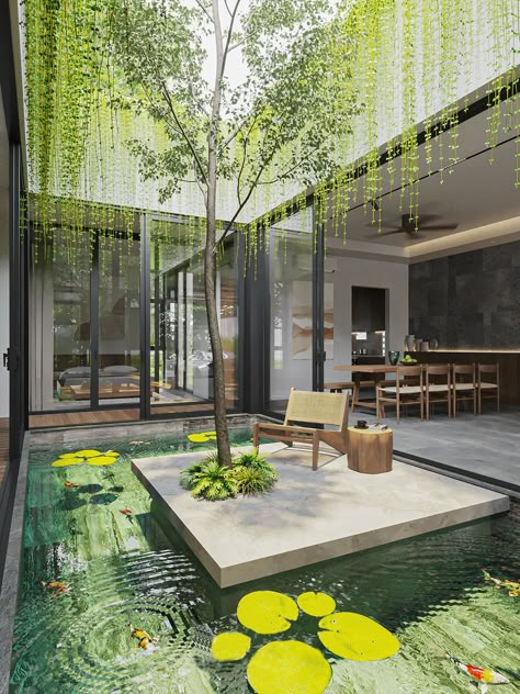 Gray and Wood-Tone Decor Framed by Green Courtyards Courtyard Inside House Interiors, Courtyard Small House, Courtyard Design Plan, Open Courtyard Design, Open To Sky Courtyard, Small Courtyard House Plans, Courtyard With Tree, Small Interior Garden, Modern House Courtyard