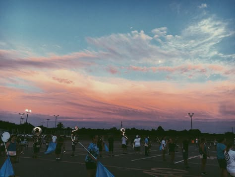 photography, marching band, sky, sunset, sousaphones, woodwinds, brass section, color guard, aesthetic Band Nerd Aesthetic, High School Marching Band Aesthetic, Highschool Band Aesthetic, Marching Band Color Guard, Colorgaurd Aesthetic, High School Band Aesthetic, Band Camp Aesthetic, School Band Aesthetic, Band Aesthetic High School