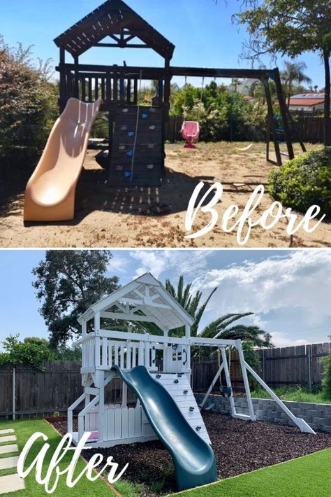 Refurbished Playset, Playhouse Swingset, Playground Makeover, Outdoor Jungle Gym, Wood Playground, Playhouse Makeover, Wood Playhouse, Backyard Kids, Backyard Playset