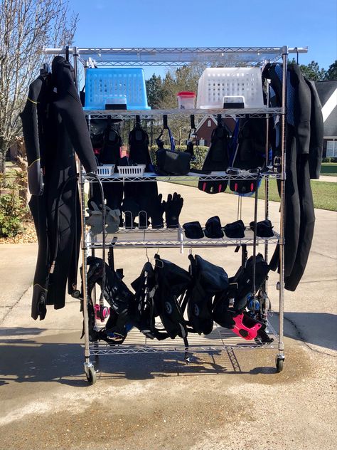 Scuba Diving Storage Ideas, Scuba Diving Equipment Storage, Scuba Storage Ideas, Scuba Gear Drying Rack, Wetsuit Storage Ideas, Dive Gear Storage, Scuba Gear Storage, Wetsuit Drying Rack, Wetsuit Storage