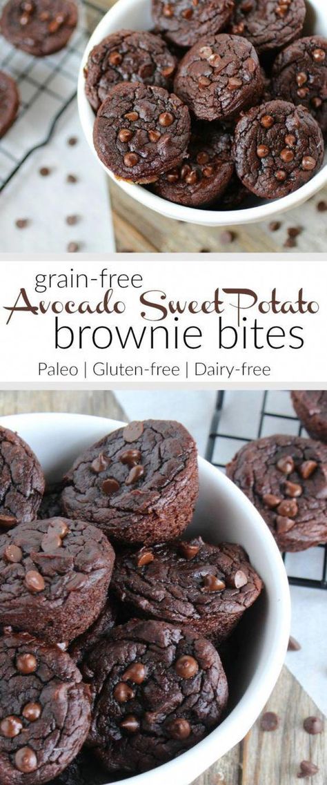 Grain-free Avocado Sweet Potato Brownie Bites | An ooey-gooey fudgy brownie bite filled with healthy fats and chocolaty goodness. Need we say more? You’ll never know this recipe includes avocado and sweet potato! | Paleo | Gluten-free | therealfoodrds.com Avocado Sweet Potato, Aperitif Cocktails, Brownie Bites Recipe, Paleo Brownies, Dairy Free Brownies, Banana Brownies, Avocado Dessert, Avocado Brownies, Sweet Potato Brownies