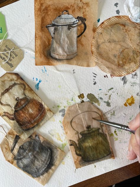 Ruby Silvious, Used Tea Bags, Tea Bag Art, Drawing Journal, Upcycled Art, Tea Art, Tea Bags, Art Journals, Miniature Painting